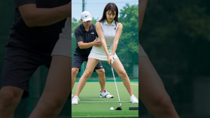 【どさくさ】熱心に指導されるゴルフ美女/ [In the commotion] A beautiful woman golfer being eagerly coached /#AI美女 #どさくさ